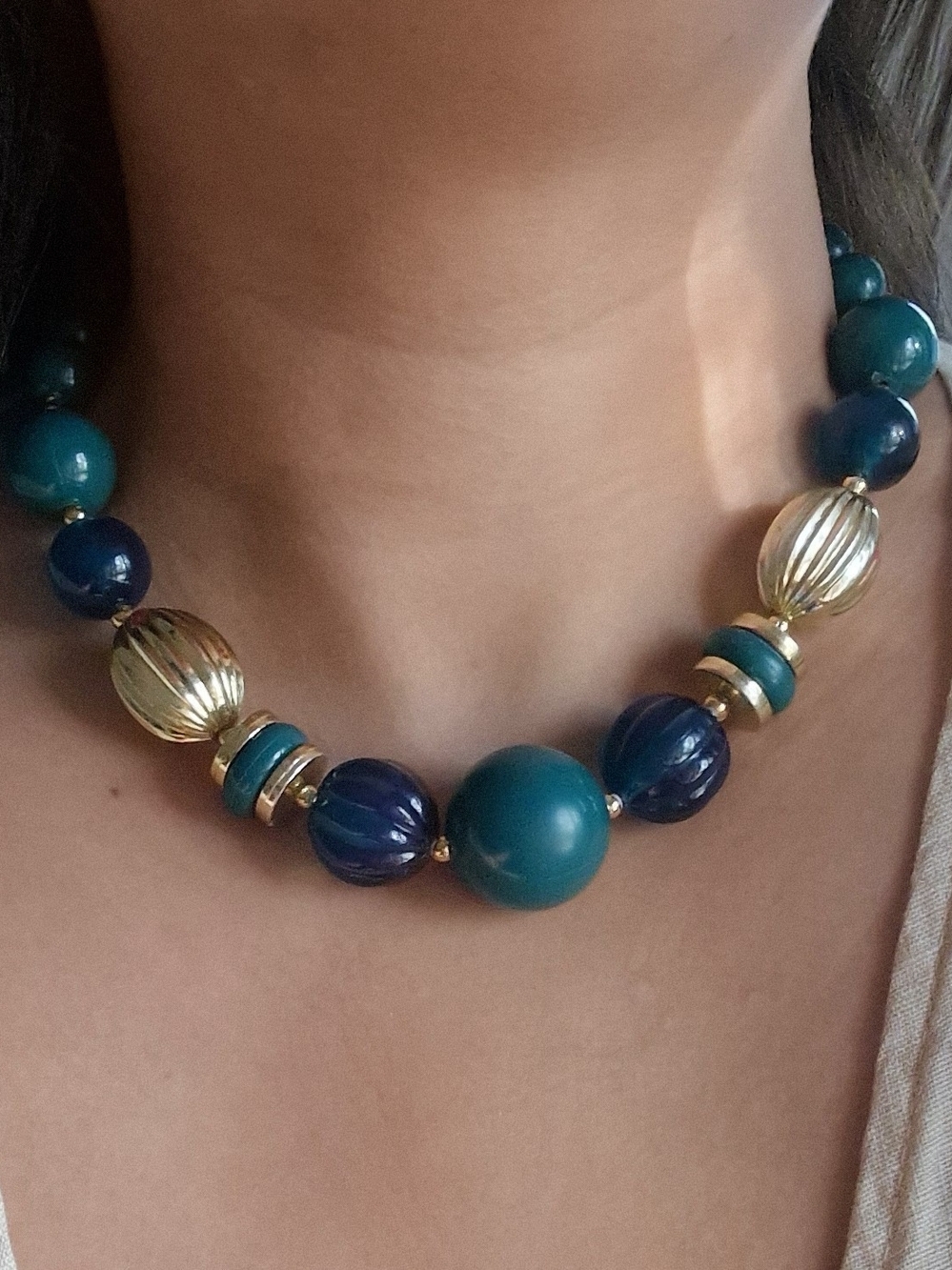Chunky Teal & Navy Bead Necklace with Gold Accents
